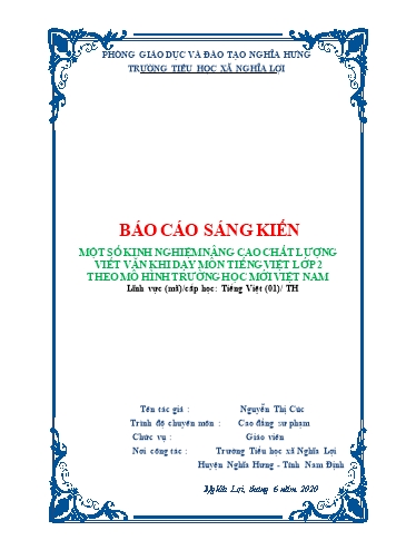 SKKN Một số kinh nghiệm nâng cao chất lượng viết văn khi dạy môn Tiếng Việt Lớp 2 theo mô hình trường học mới Việt Nam