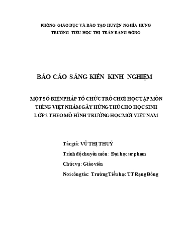 SKKN Một số biện pháp tổ chức trò chơi học tập môn Tiếng Việt nhằm gây hứng thú cho học sinh Lớp 2 Theo mô hình trường học mới Việt Nam